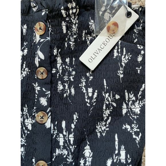 Olivaceous Smocked Button Detail Wide Leg Blue Print Jumpsuit Small - Picture 6 of 9